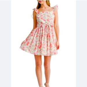 LUSH Floral Pink Stepford Wife Square Ribbon Tie Dress- Size Small